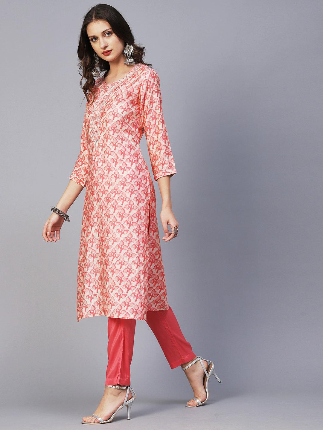 Batik Printed Mirror & Zari Embroidered Kurta With Pants & Dupatta - Peach Pink - Indiakreations