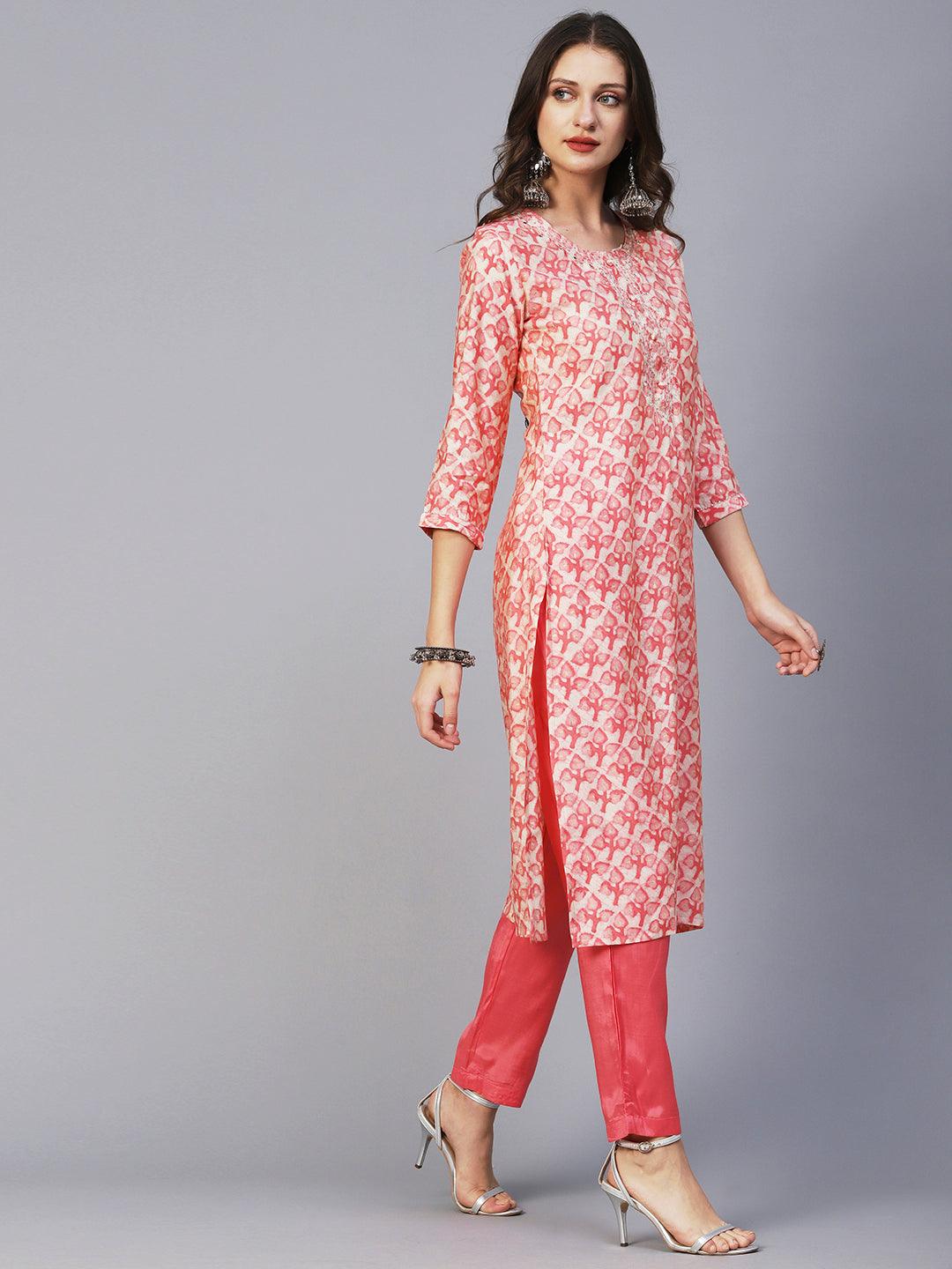 Batik Printed Mirror & Zari Embroidered Kurta With Pants & Dupatta - Peach Pink - Indiakreations