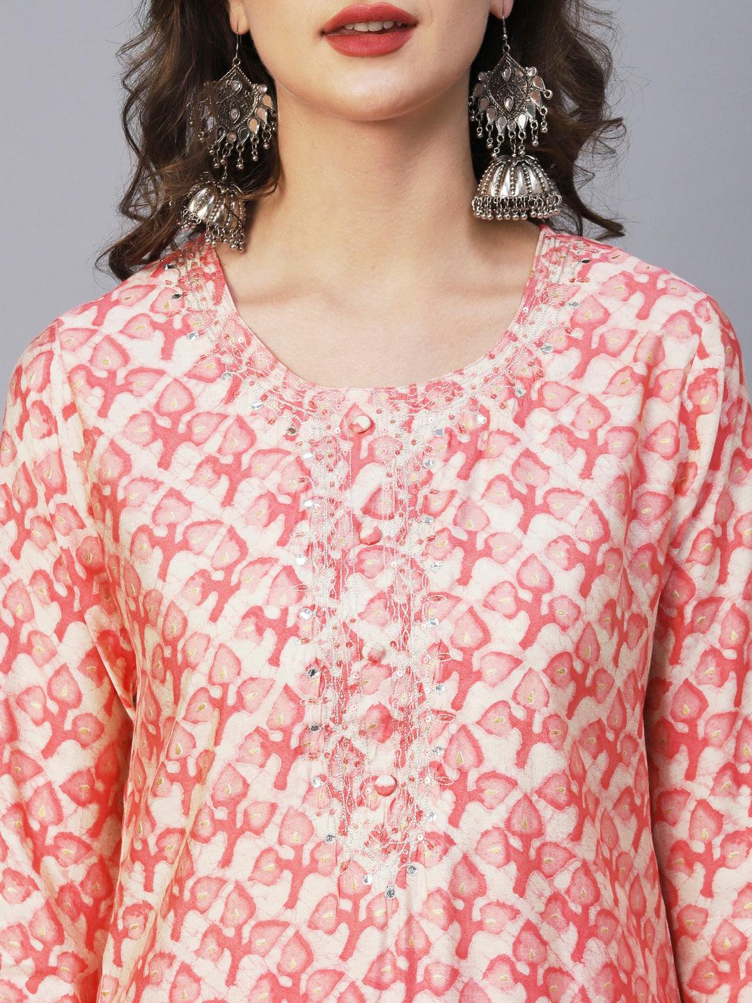 Batik Printed Mirror & Zari Embroidered Kurta With Pants & Dupatta - Peach Pink - Indiakreations