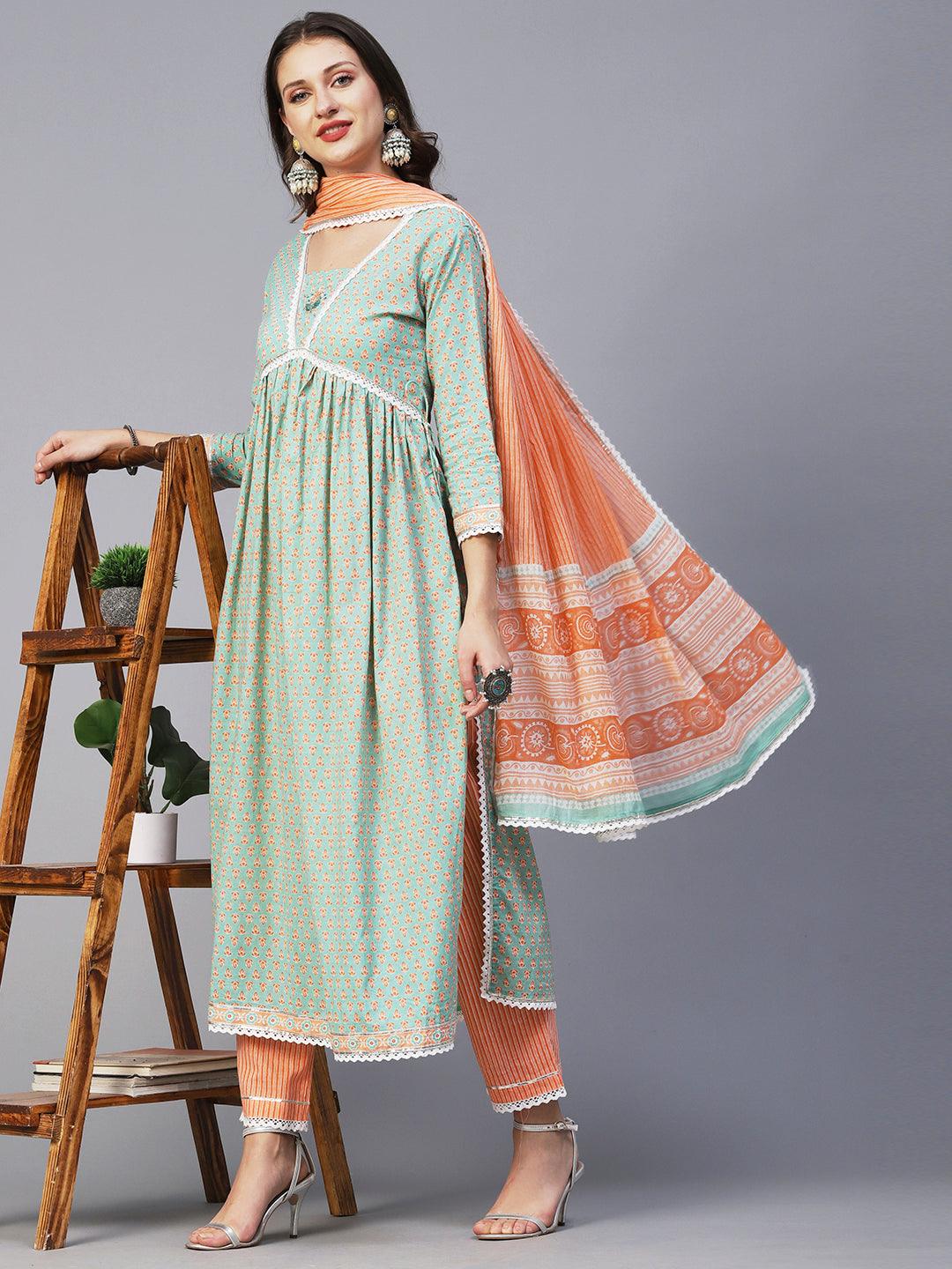 Block Printed Stone & Resham Embroidered Flared High Slit Kurta With Striped Pants & Dupatta - Pastel Green - Indiakreations