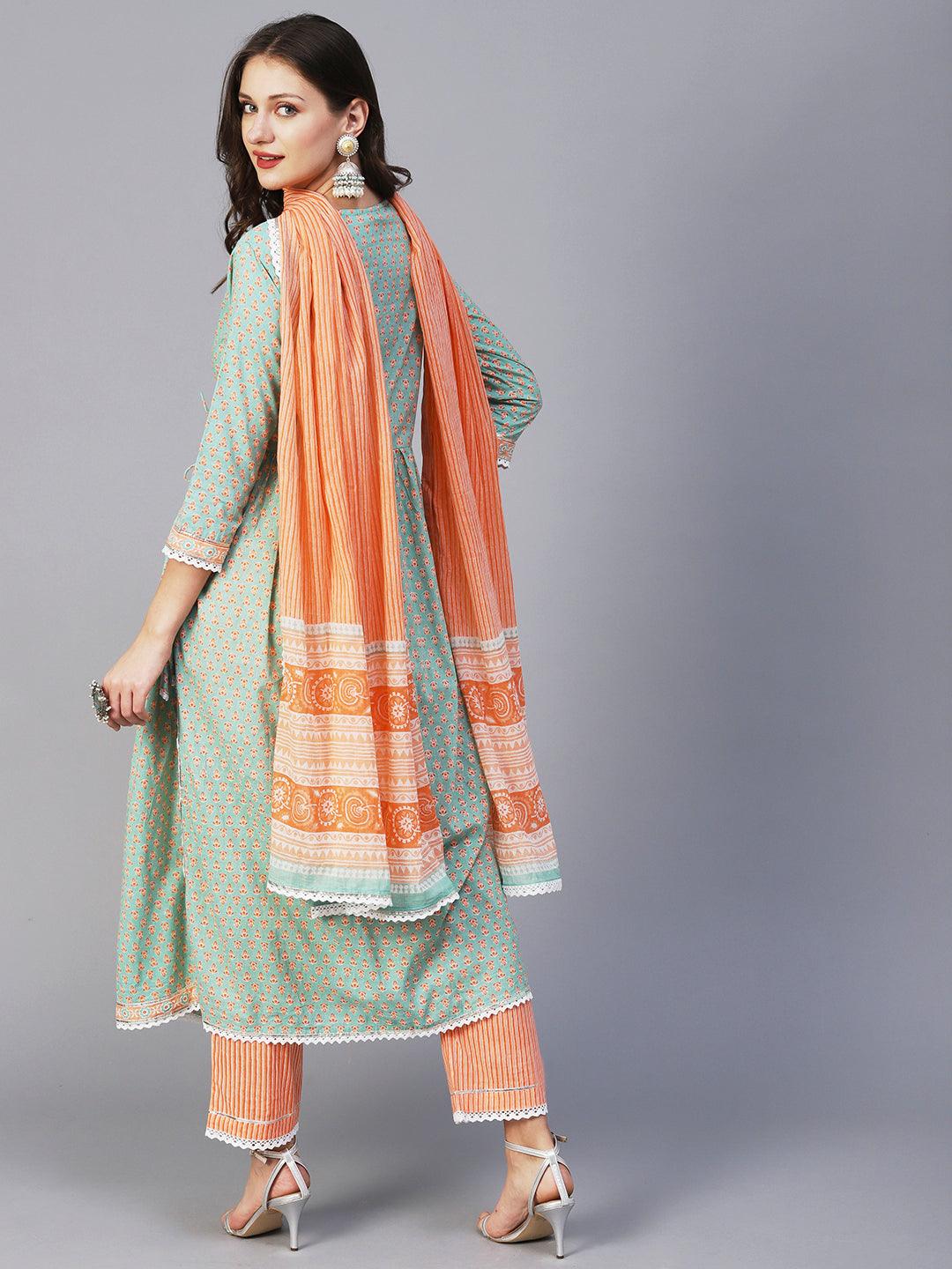 Block Printed Stone & Resham Embroidered Flared High Slit Kurta With Striped Pants & Dupatta - Pastel Green - Indiakreations