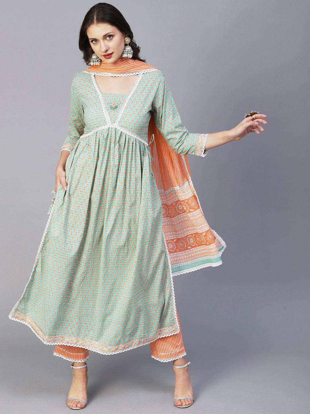 Block Printed Stone & Resham Embroidered Flared High Slit Kurta With Striped Pants & Dupatta - Pastel Green - Indiakreations