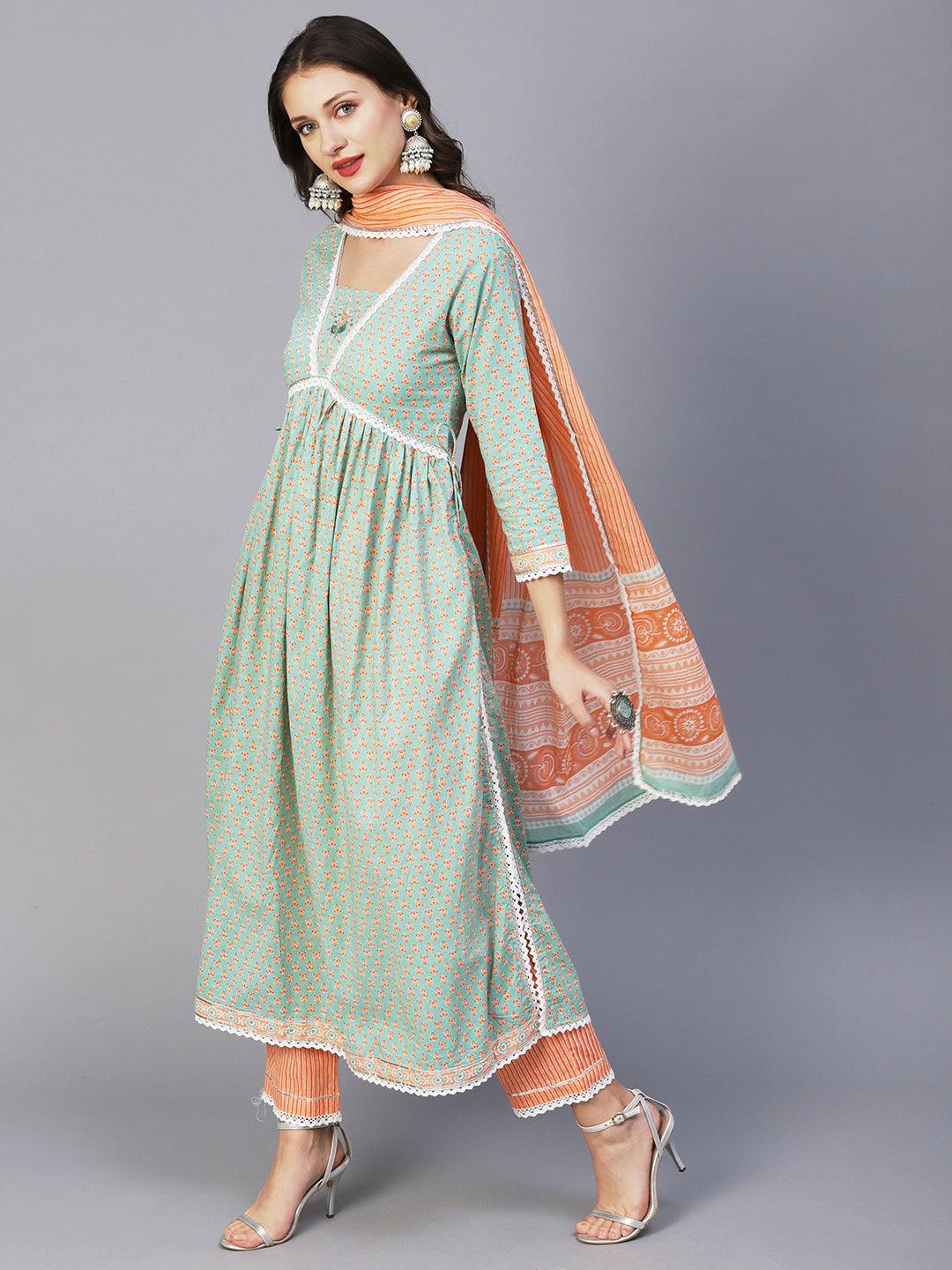 Block Printed Stone & Resham Embroidered Flared High Slit Kurta With Striped Pants & Dupatta - Pastel Green - Indiakreations