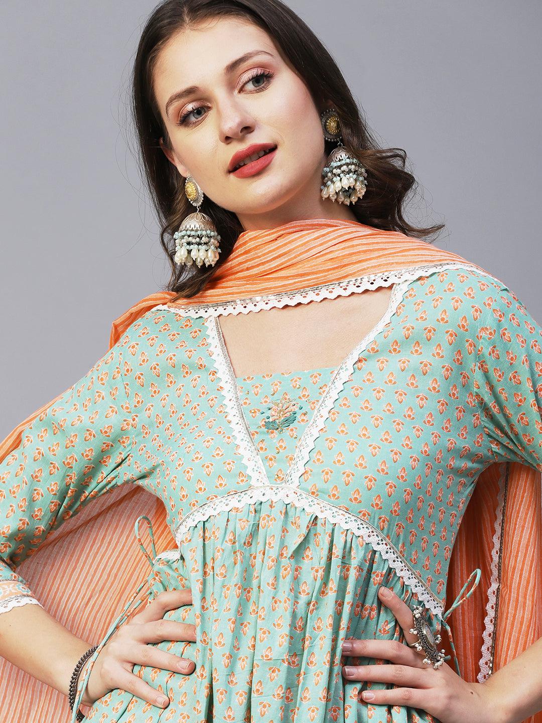 Block Printed Stone & Resham Embroidered Flared High Slit Kurta With Striped Pants & Dupatta - Pastel Green - Indiakreations