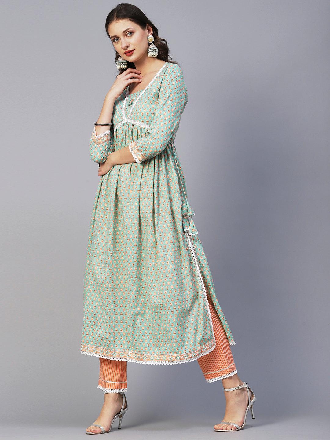 Block Printed Stone & Resham Embroidered Flared High Slit Kurta With Striped Pants & Dupatta - Pastel Green - Indiakreations