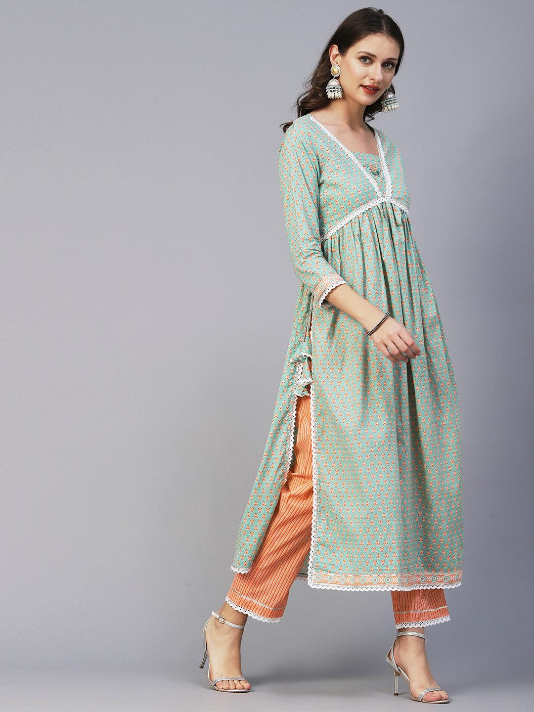 Block Printed Stone & Resham Embroidered Flared High Slit Kurta With Striped Pants & Dupatta - Pastel Green - Indiakreations