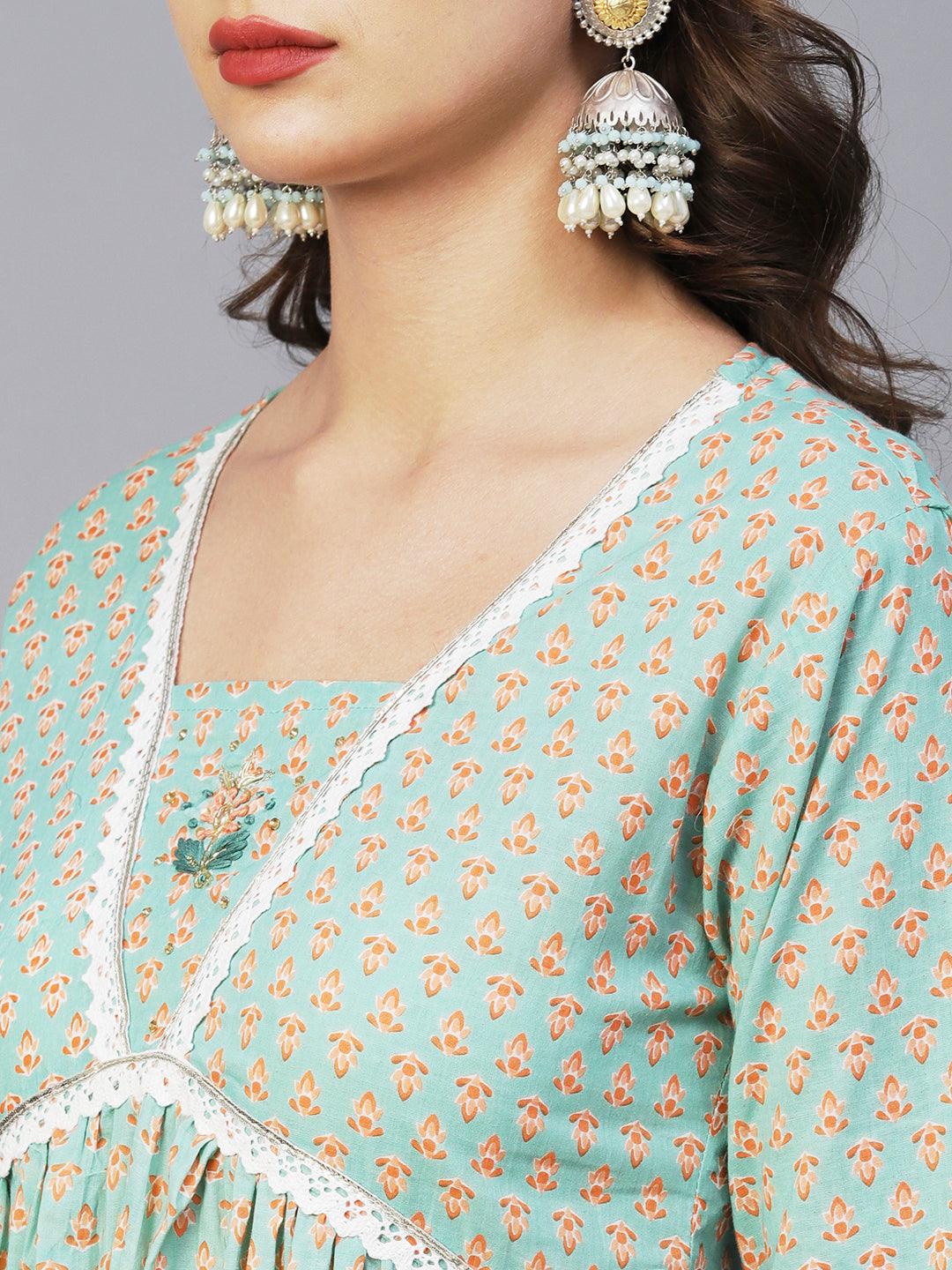 Block Printed Stone & Resham Embroidered Flared High Slit Kurta With Striped Pants & Dupatta - Pastel Green - Indiakreations