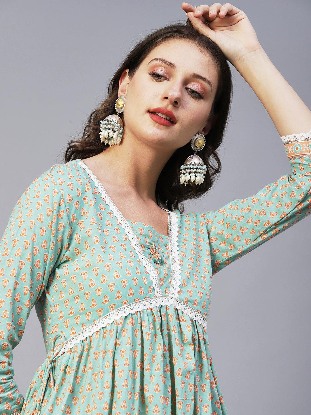 Block Printed Stone & Resham Embroidered Flared High Slit Kurta With Striped Pants & Dupatta - Pastel Green - Indiakreations