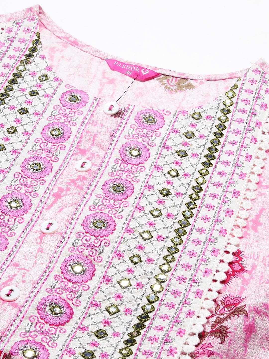 Floral Printed Mirror Embroidered High Slit Gathered Kurta With Pants & Dupatta - Pink - Indiakreations