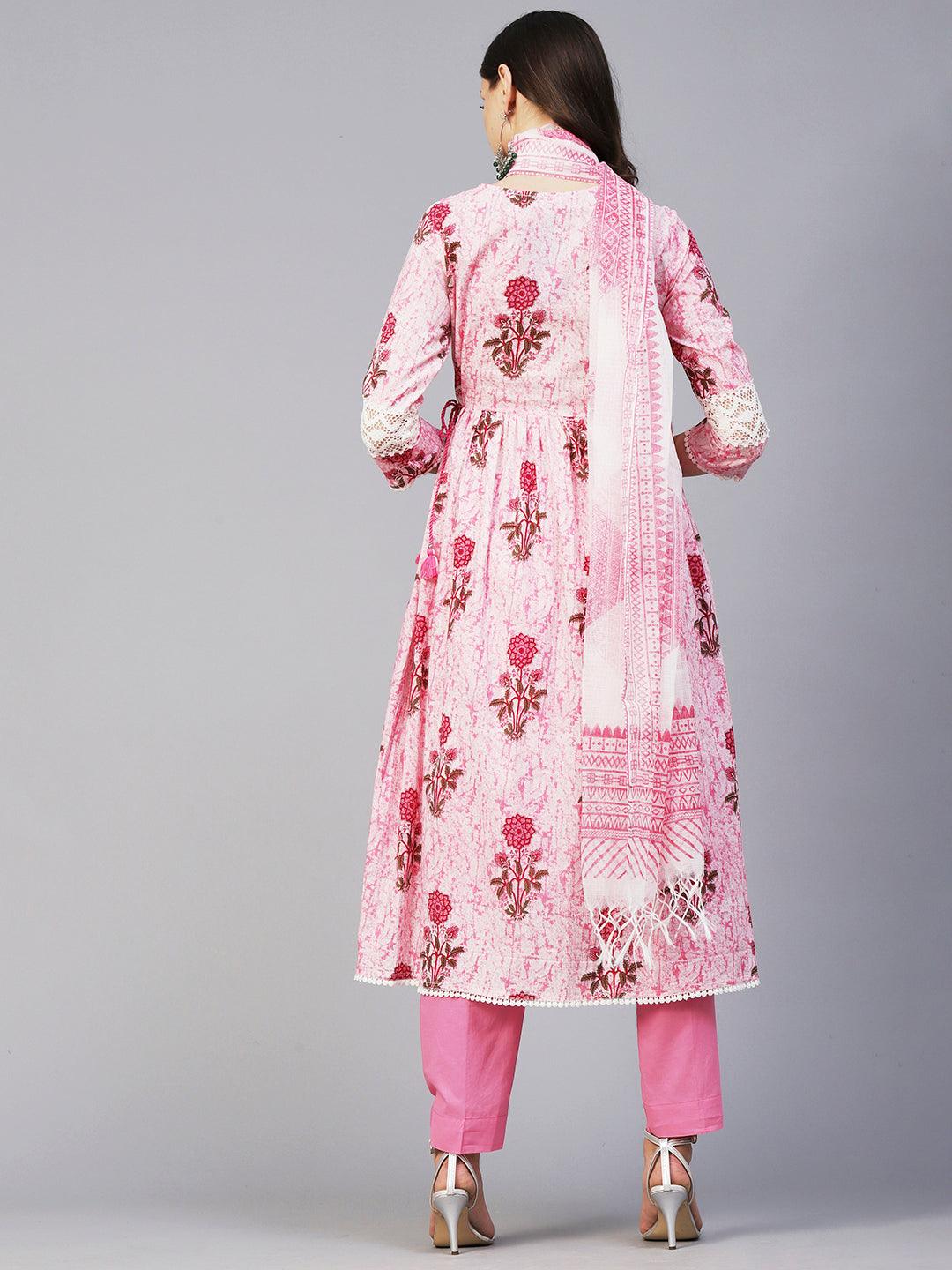 Floral Printed Mirror Embroidered High Slit Gathered Kurta With Pants & Dupatta - Pink - Indiakreations