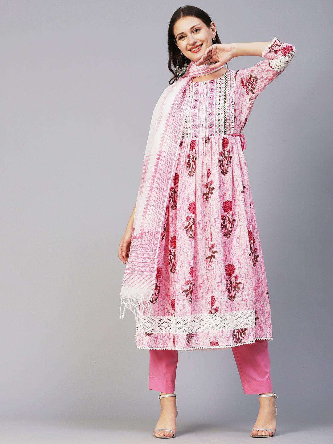 Floral Printed Mirror Embroidered High Slit Gathered Kurta With Pants & Dupatta - Pink - Indiakreations