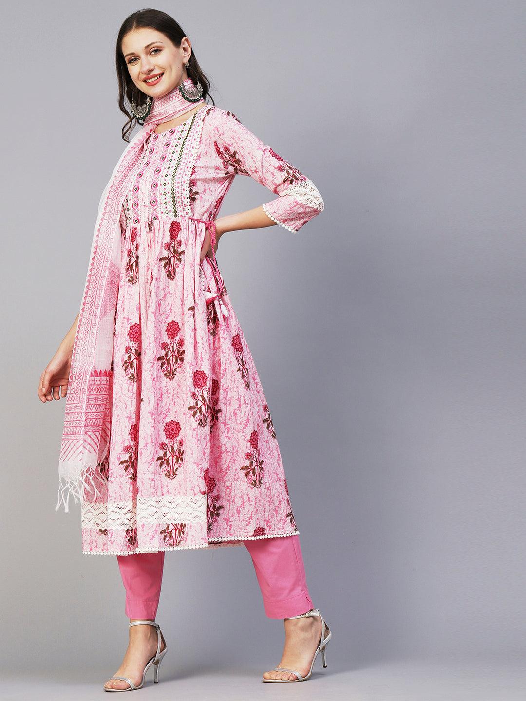 Floral Printed Mirror Embroidered High Slit Gathered Kurta With Pants & Dupatta - Pink - Indiakreations