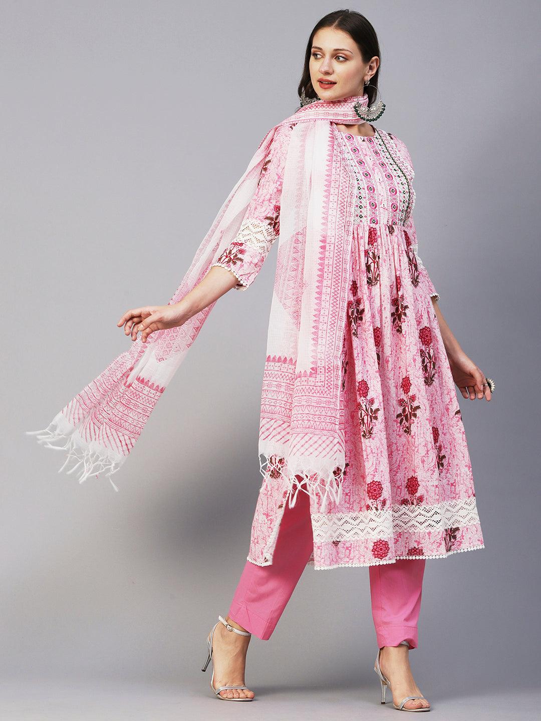 Floral Printed Mirror Embroidered High Slit Gathered Kurta With Pants & Dupatta - Pink - Indiakreations