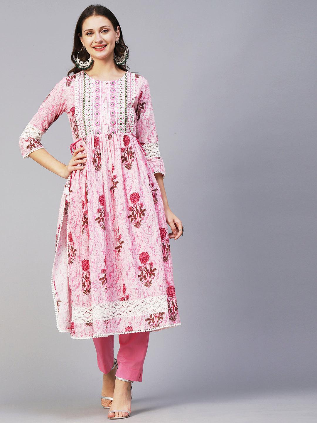 Floral Printed Mirror Embroidered High Slit Gathered Kurta With Pants & Dupatta - Pink - Indiakreations