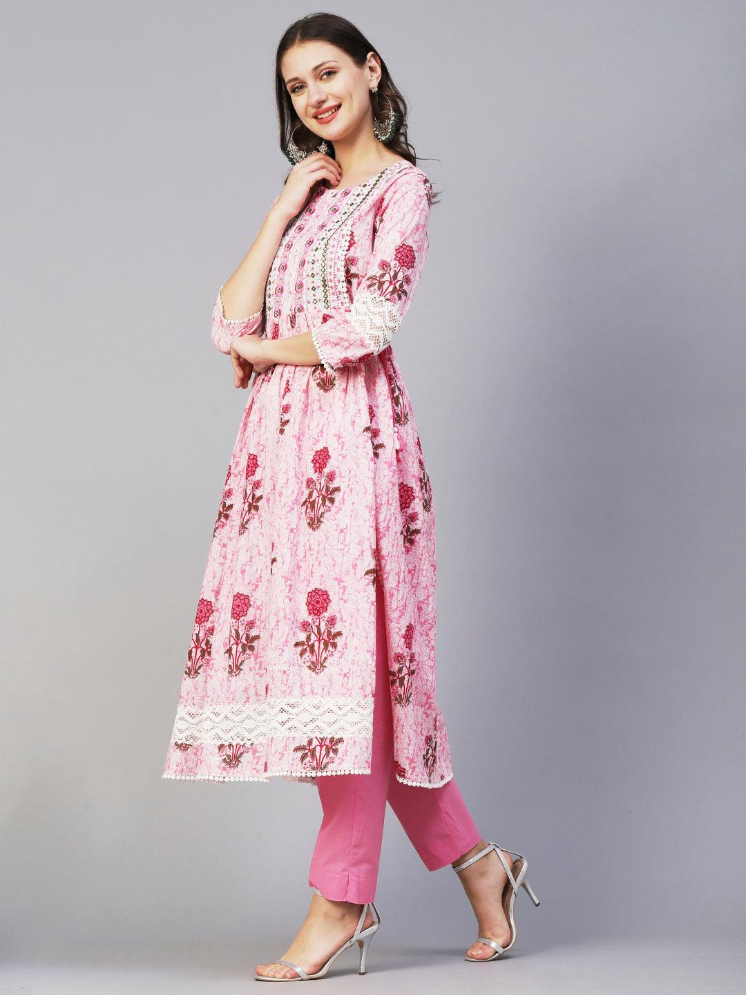 Floral Printed Mirror Embroidered High Slit Gathered Kurta With Pants & Dupatta - Pink - Indiakreations