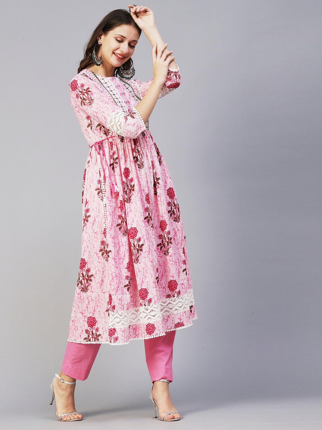 Floral Printed Mirror Embroidered High Slit Gathered Kurta With Pants & Dupatta - Pink - Indiakreations