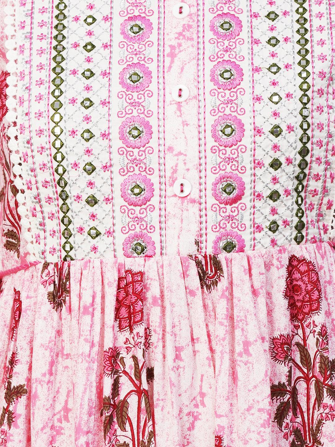 Floral Printed Mirror Embroidered High Slit Gathered Kurta With Pants & Dupatta - Pink - Indiakreations