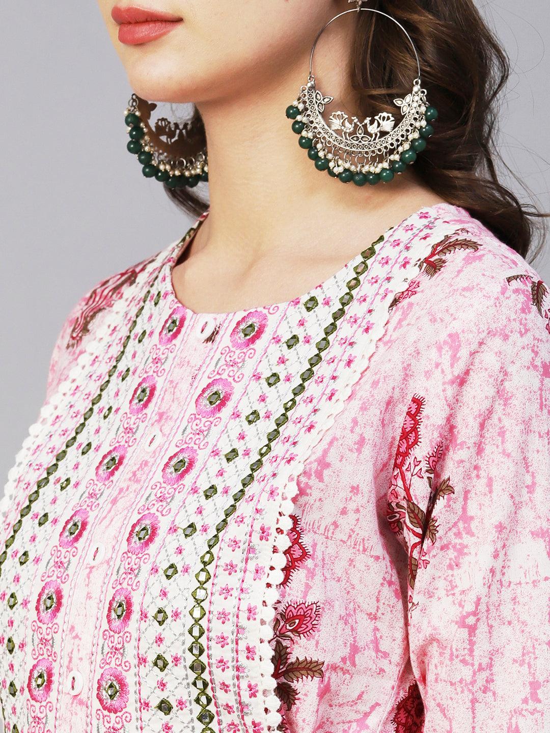 Floral Printed Mirror Embroidered High Slit Gathered Kurta With Pants & Dupatta - Pink - Indiakreations