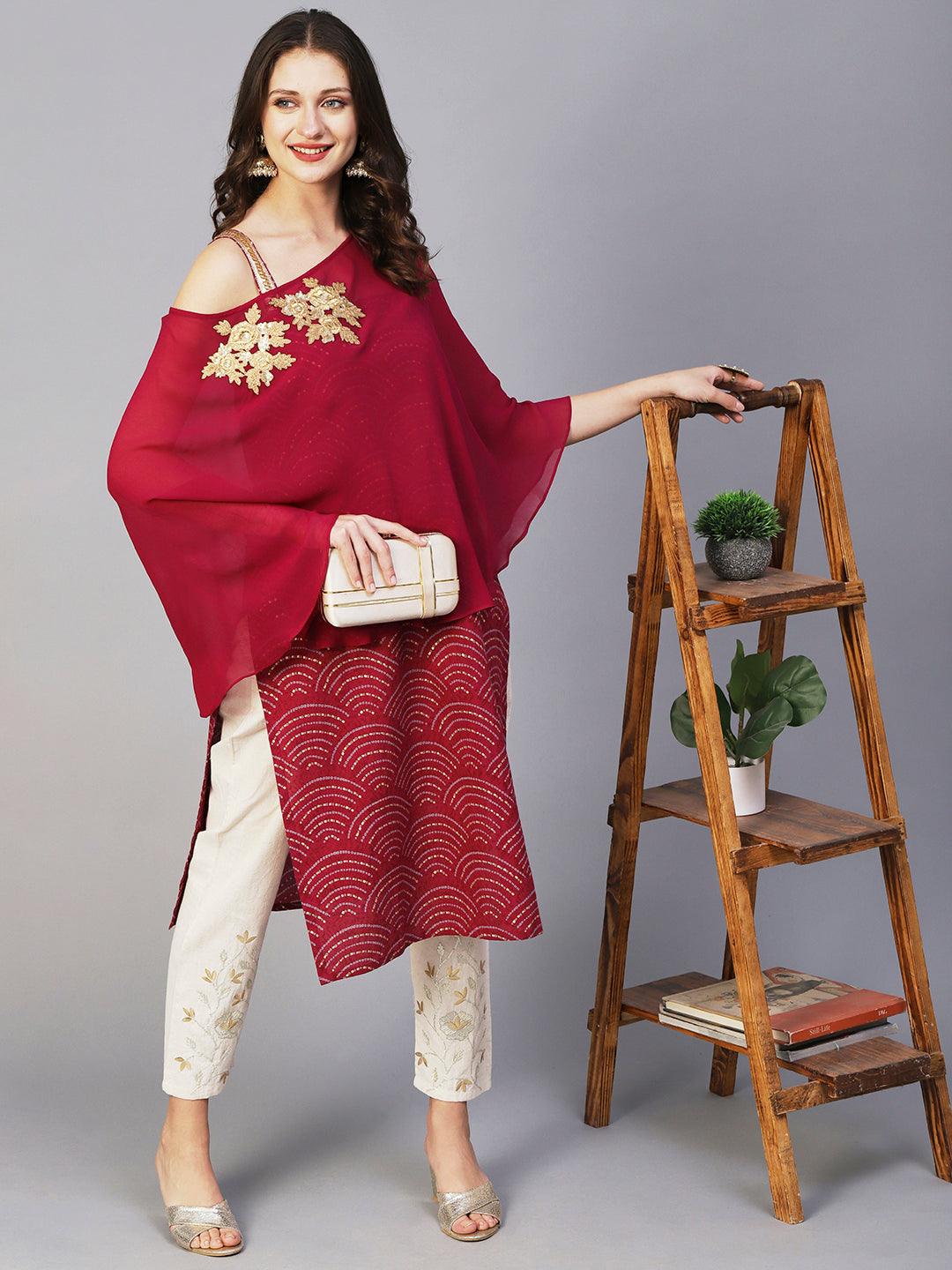 Wifi Printed Straight Fit Kurta with Floral Buta Embroidered Cape - Magenta - Indiakreations