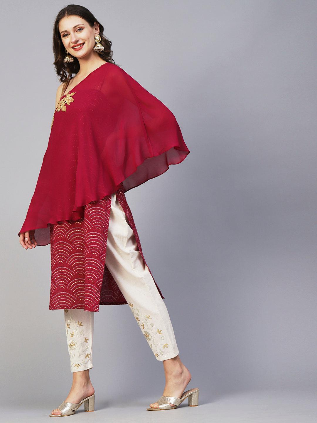 Wifi Printed Straight Fit Kurta with Floral Buta Embroidered Cape - Magenta - Indiakreations