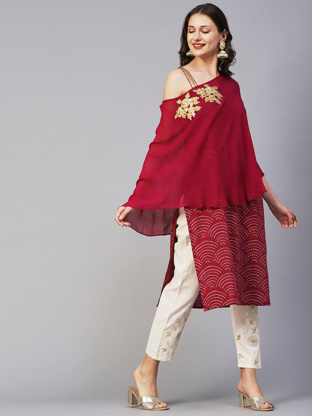 Wifi Printed Straight Fit Kurta with Floral Buta Embroidered Cape - Magenta - Indiakreations