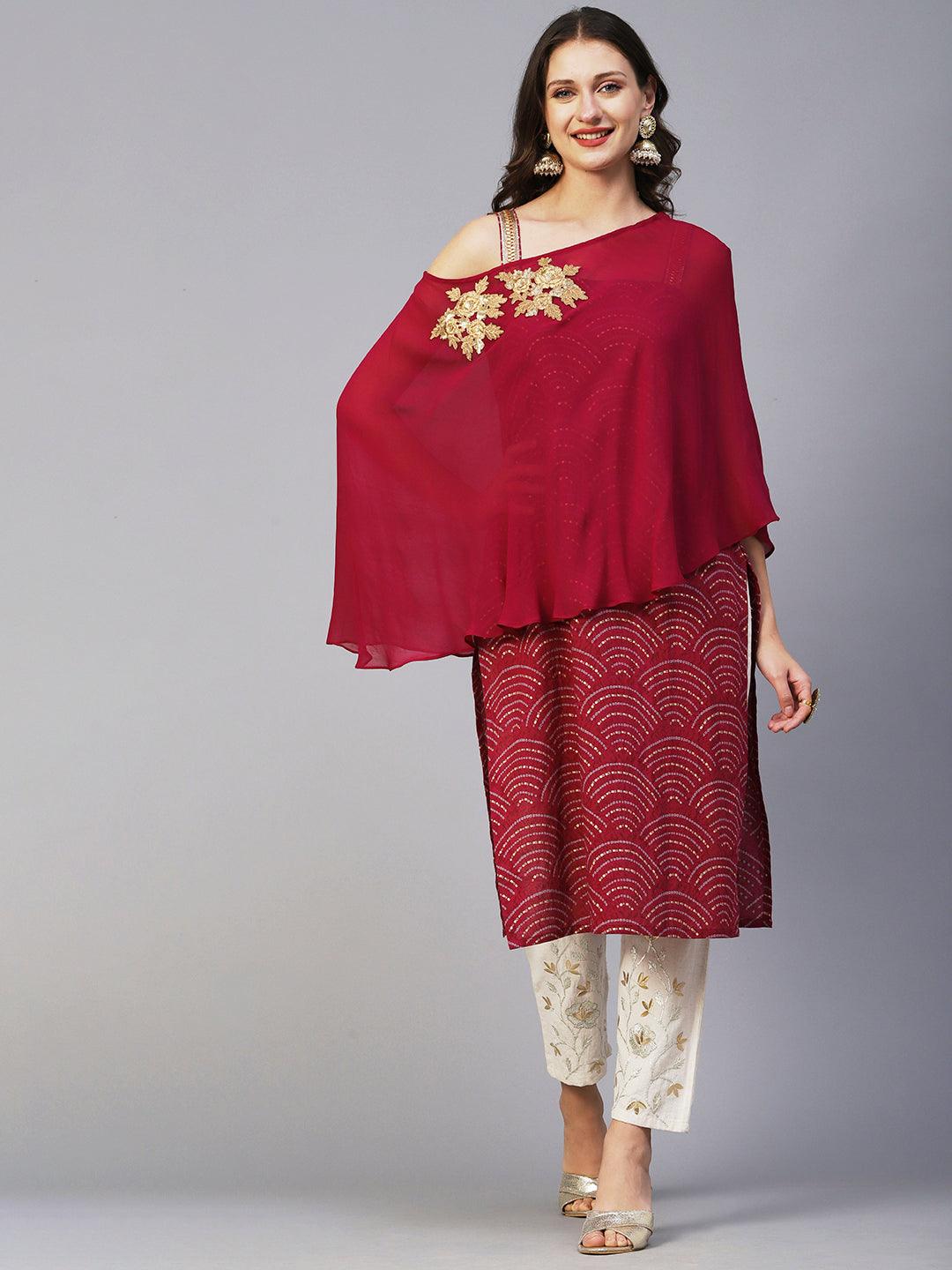 Wifi Printed Straight Fit Kurta with Floral Buta Embroidered Cape - Magenta - Indiakreations