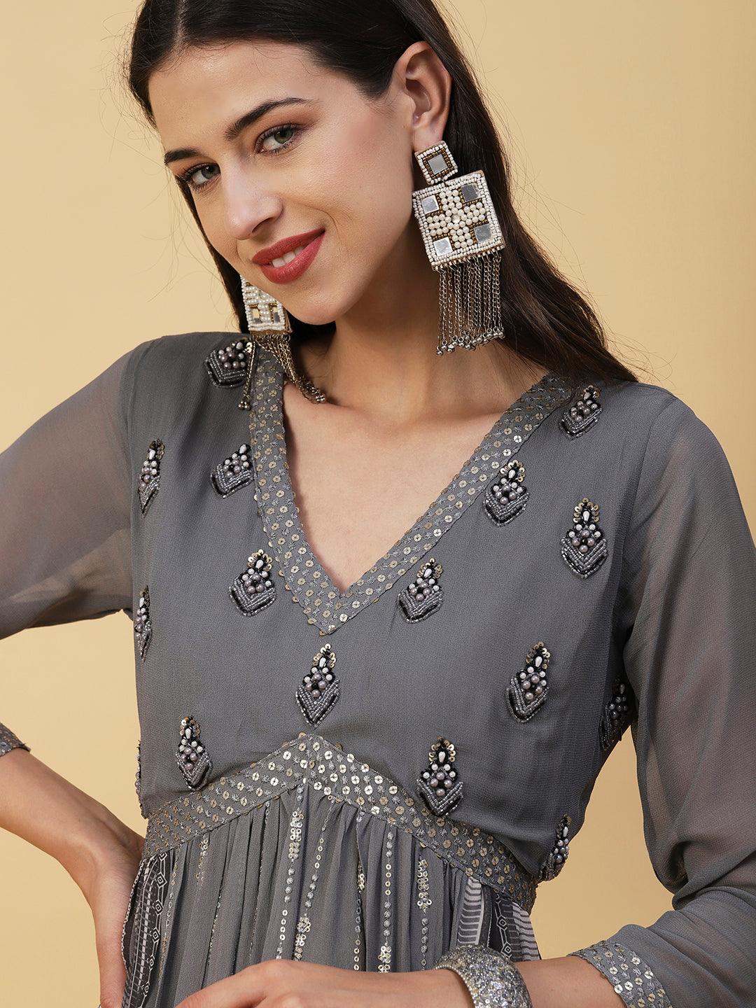 Ethnic Embroidered Solid Fit & Flare Maxi Dress - Grey - Indiakreations