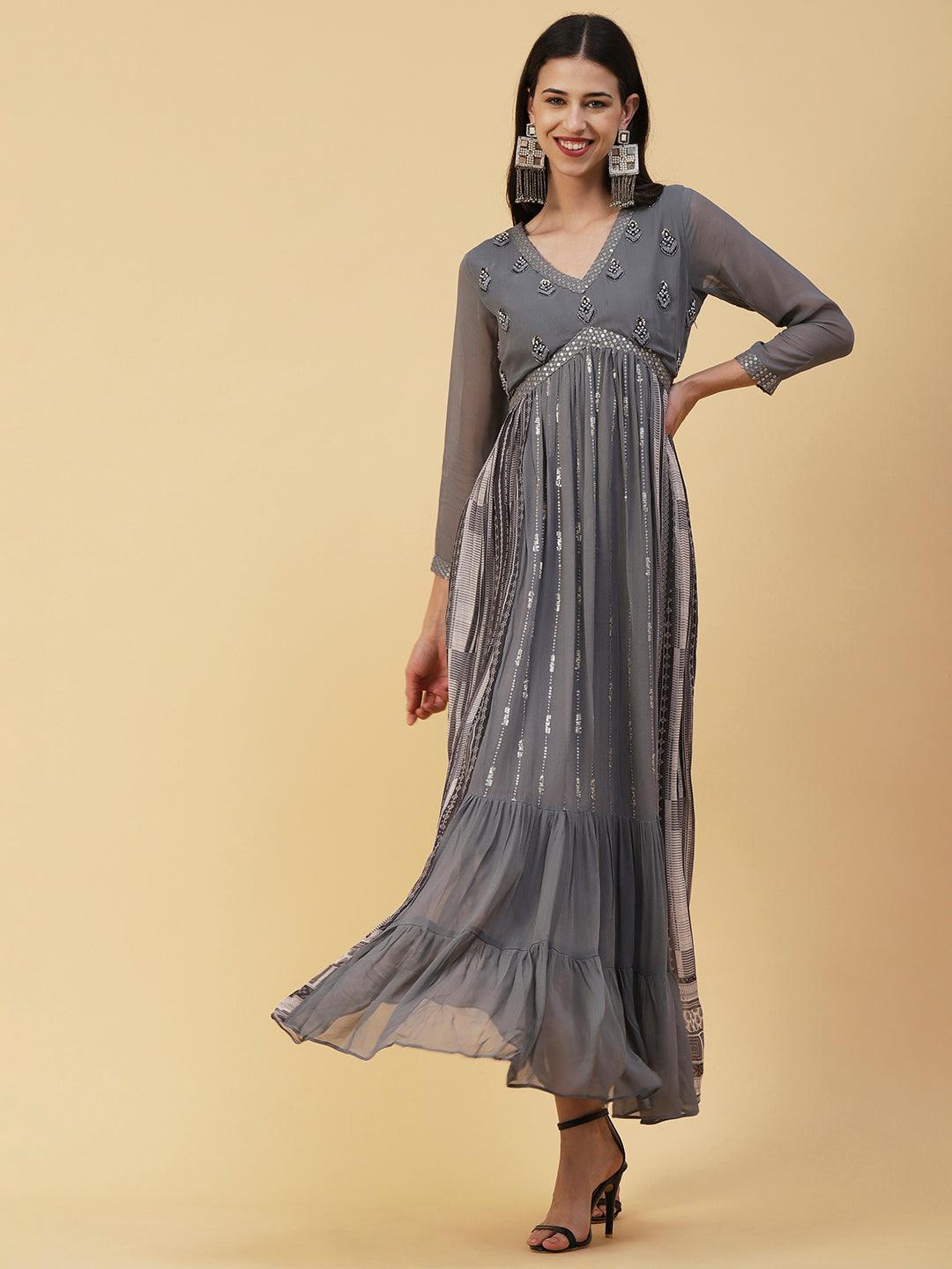 Ethnic Embroidered Solid Fit & Flare Maxi Dress - Grey - Indiakreations