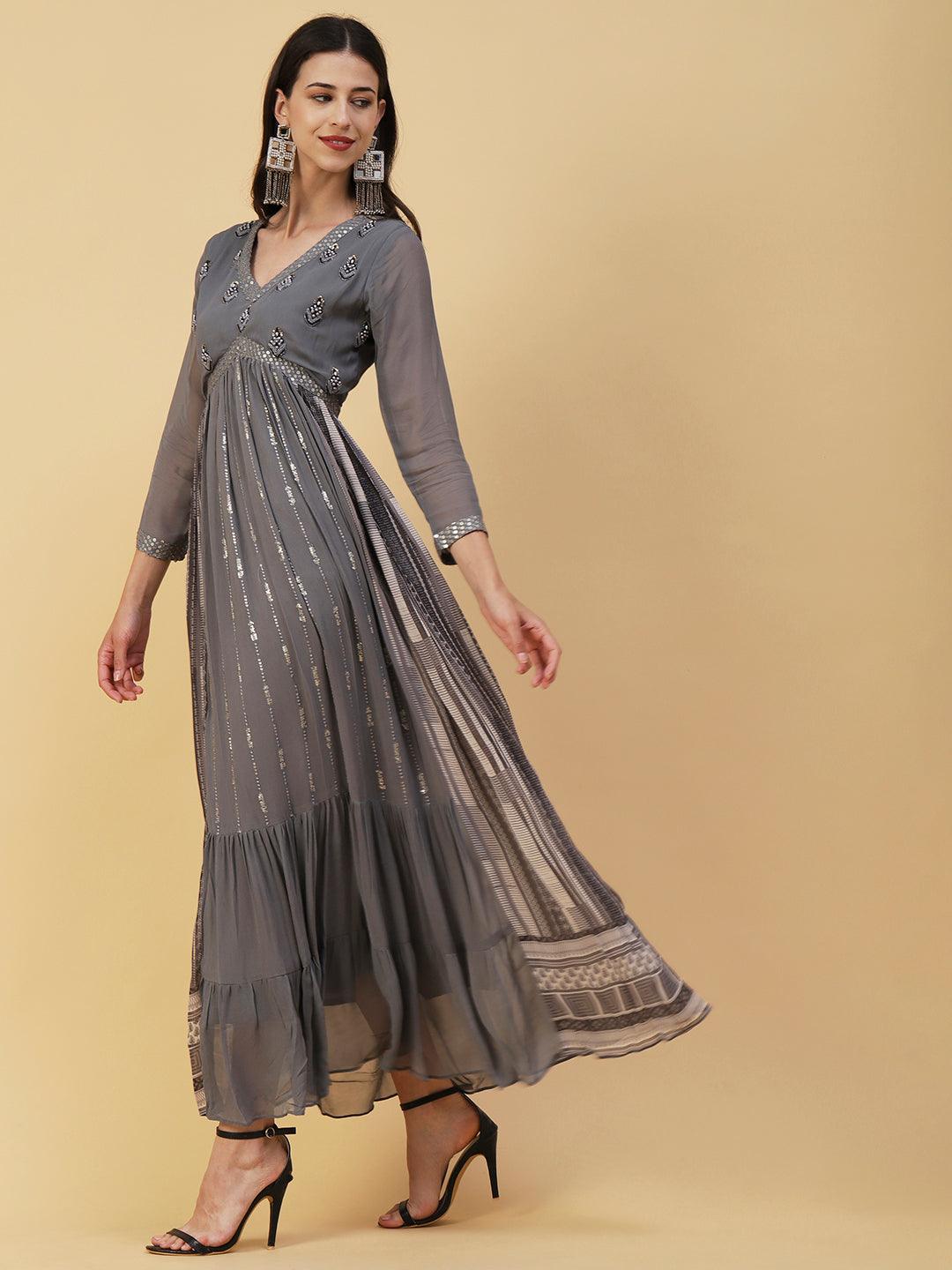 Ethnic Embroidered Solid Fit & Flare Maxi Dress - Grey - Indiakreations