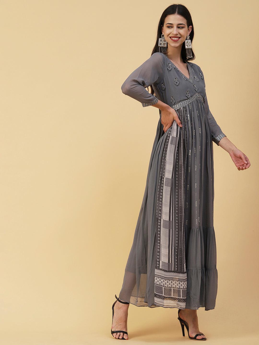 Ethnic Embroidered Solid Fit & Flare Maxi Dress - Grey - Indiakreations