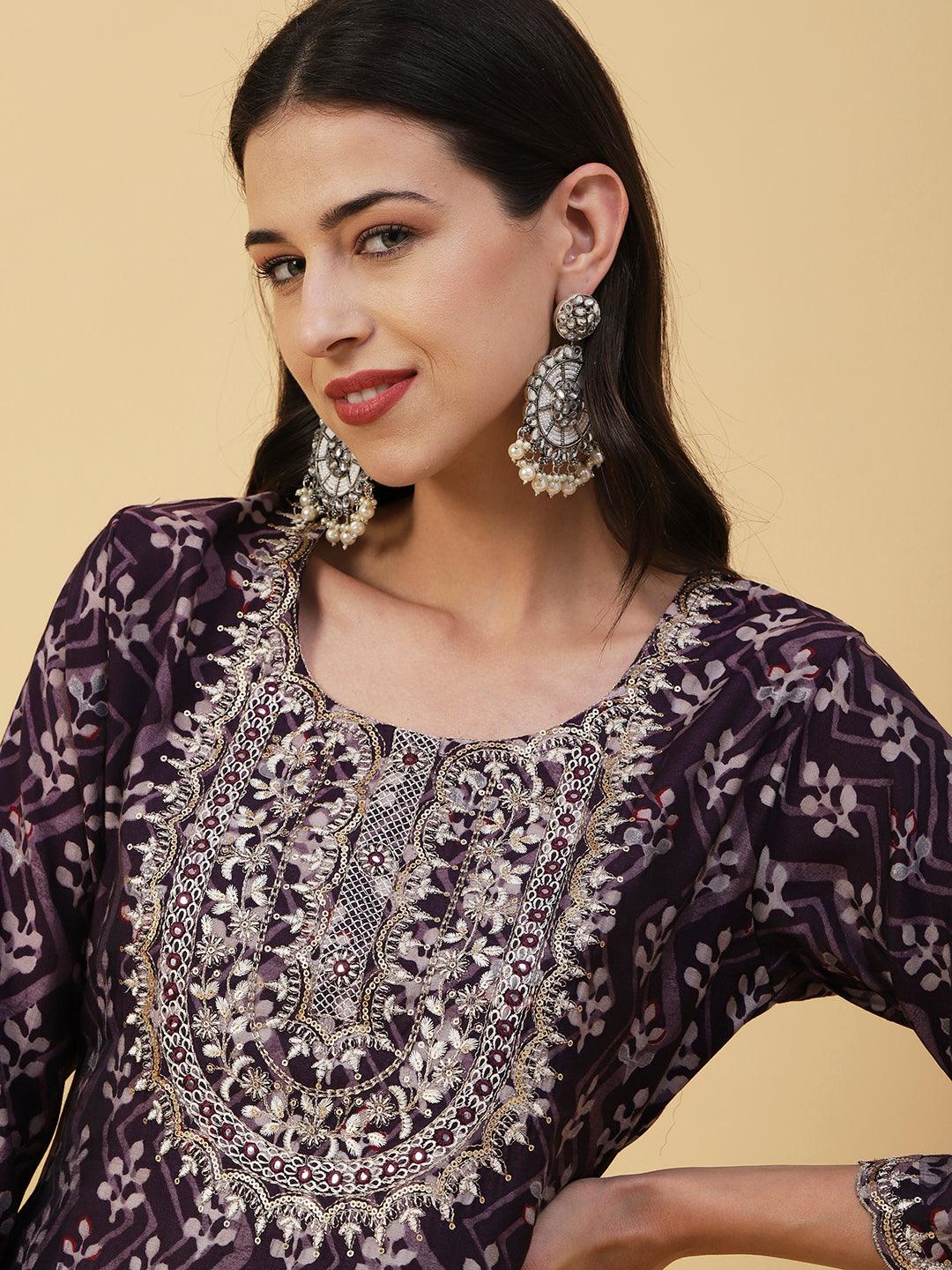 Ethnic & Chevron Batik Printed Mirror, Zari & Sequins Embroidered Kurta - Dark Mauve - Indiakreations