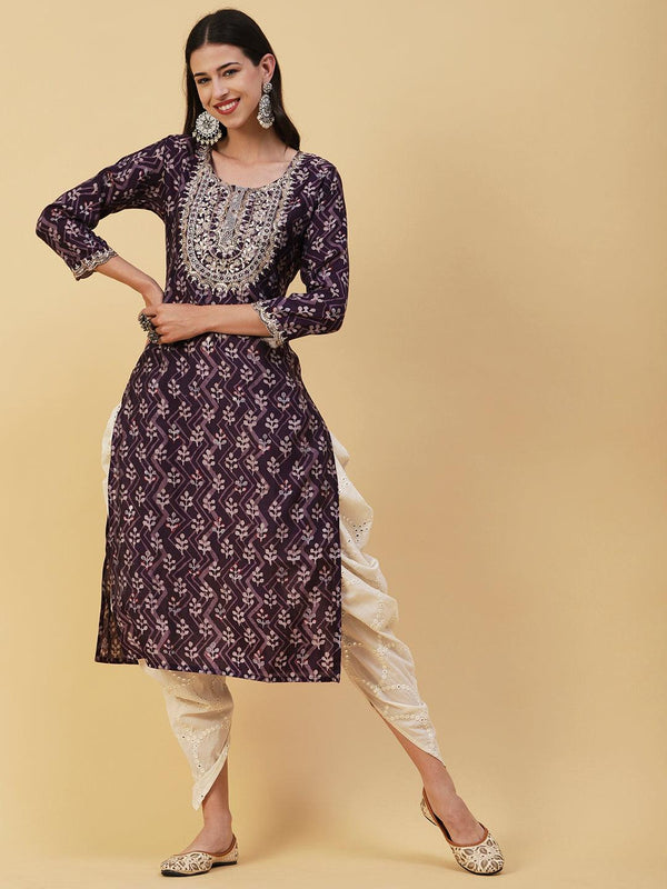 Ethnic & Chevron Batik Printed Mirror, Zari & Sequins Embroidered Kurta - Dark Mauve - Indiakreations