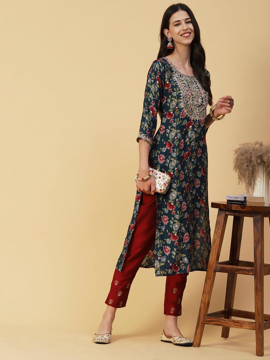 Floral Printed Mirror, Zari & Sequins Embroidered Kurta - Teal - Indiakreations