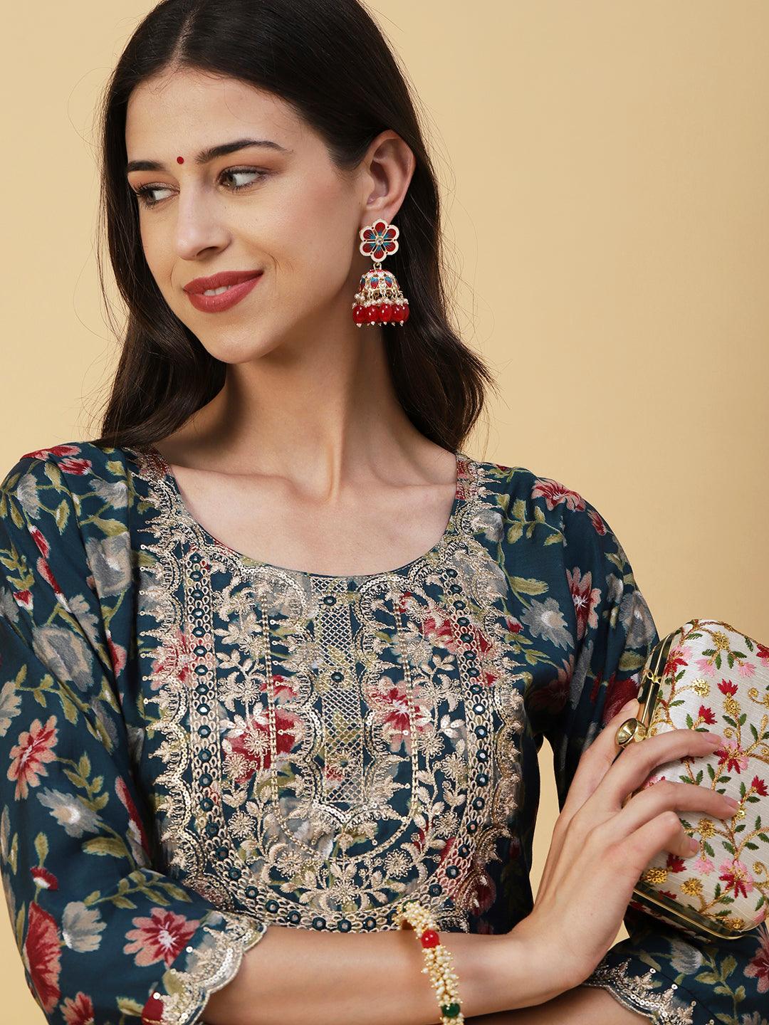 Floral Printed Mirror, Zari & Sequins Embroidered Kurta - Teal - Indiakreations