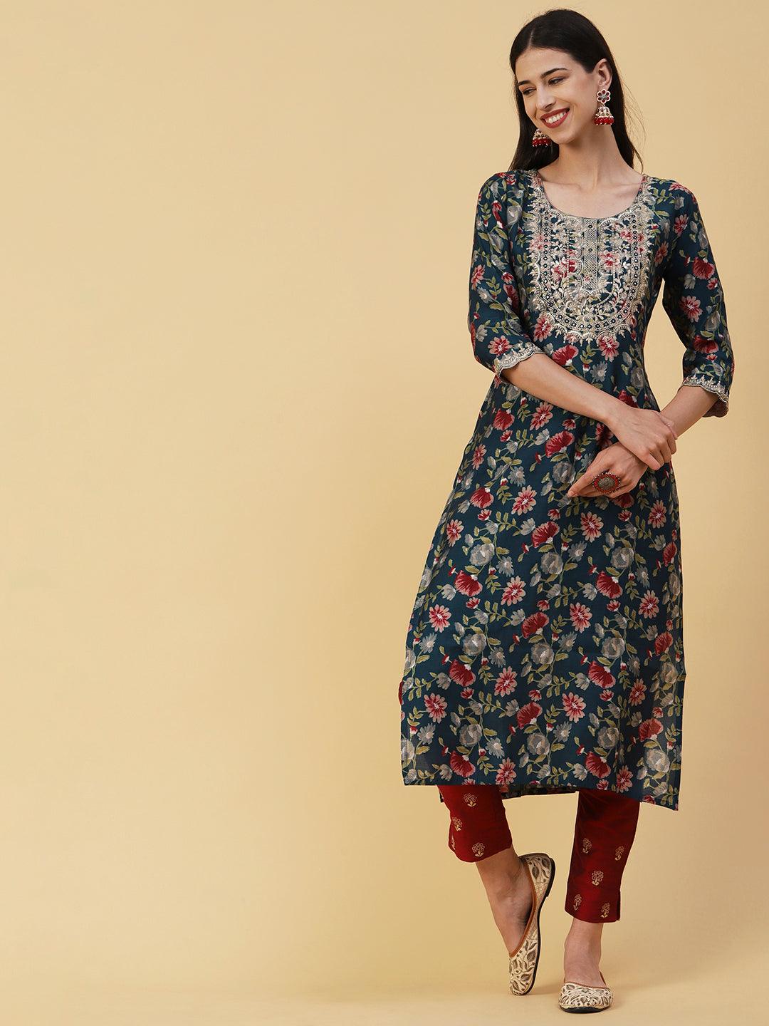 Floral Printed Mirror, Zari & Sequins Embroidered Kurta - Teal - Indiakreations