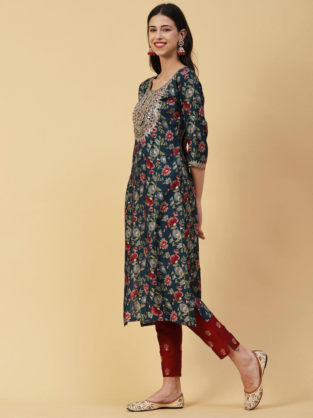 Floral Printed Mirror, Zari & Sequins Embroidered Kurta - Teal - Indiakreations