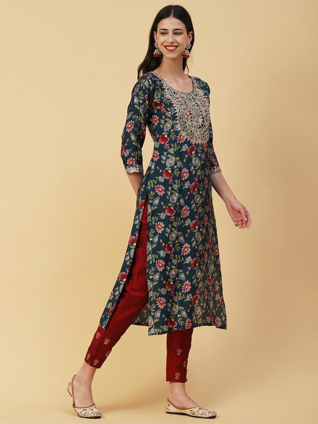 Floral Printed Mirror, Zari & Sequins Embroidered Kurta - Teal - Indiakreations