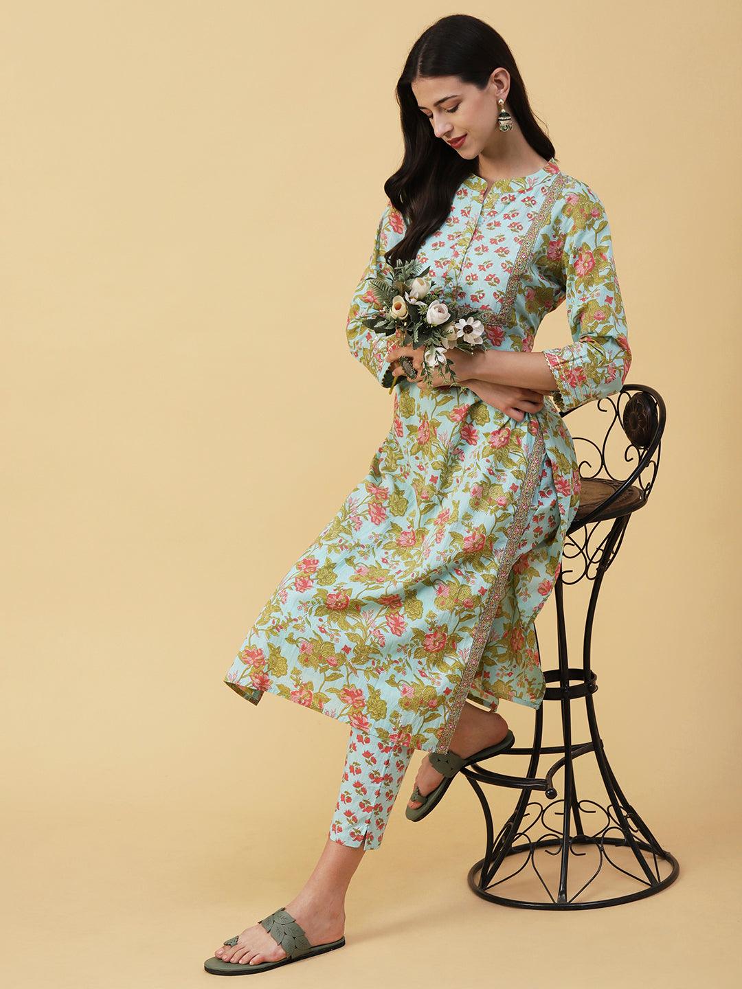 Floral Printed & Embroidered Straight Fit Kurta with Pant - Blue - Indiakreations