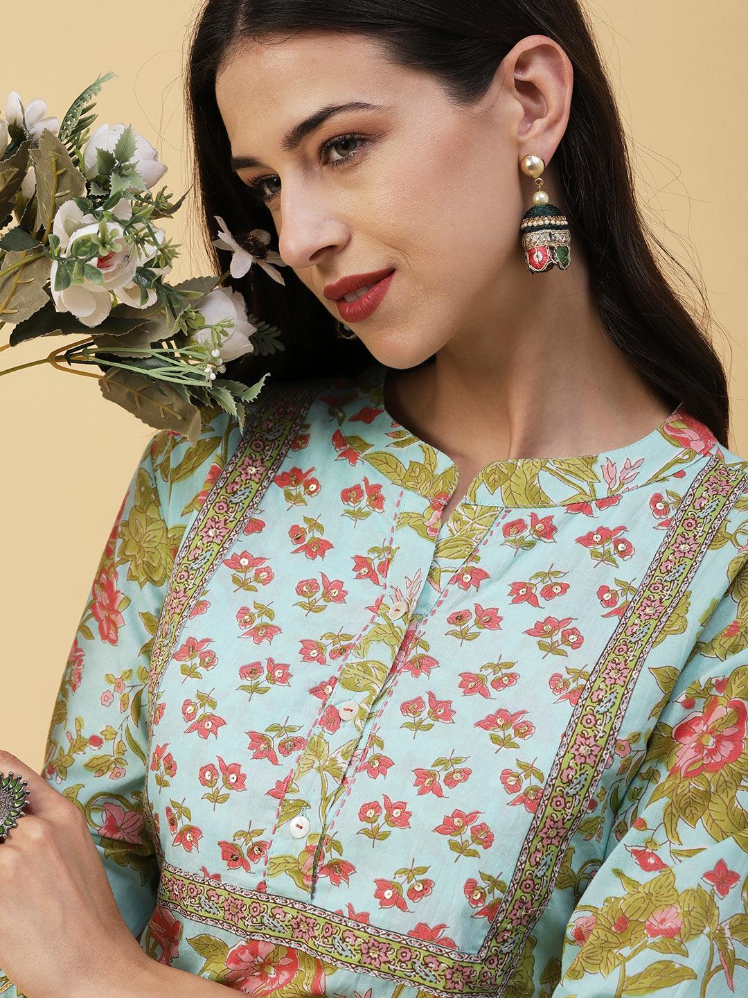 Floral Printed & Embroidered Straight Fit Kurta with Pant - Blue - Indiakreations