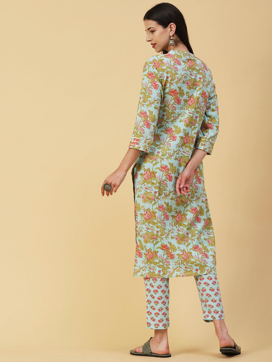 Floral Printed & Embroidered Straight Fit Kurta with Pant - Blue - Indiakreations