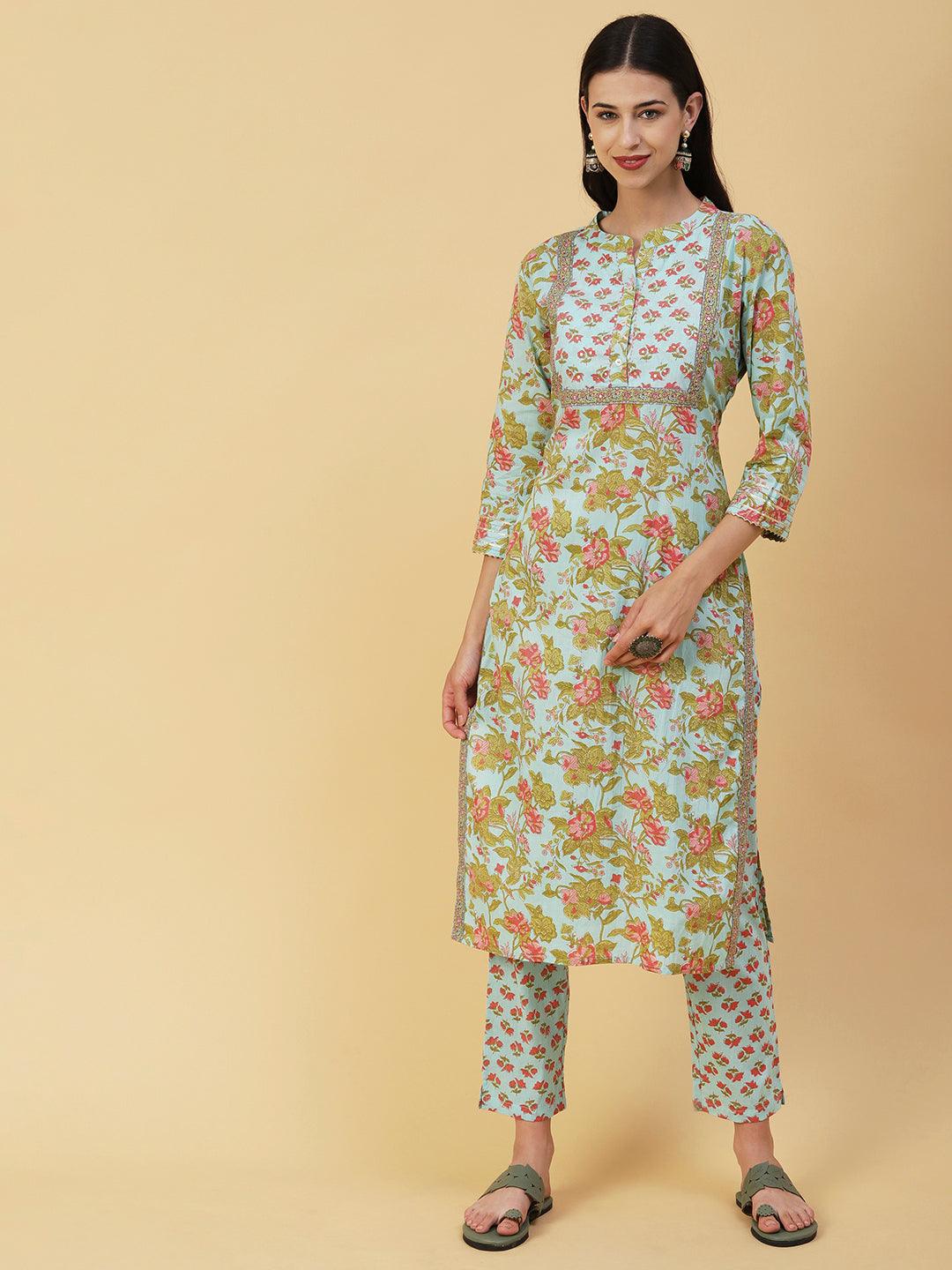 Floral Printed & Embroidered Straight Fit Kurta with Pant - Blue - Indiakreations