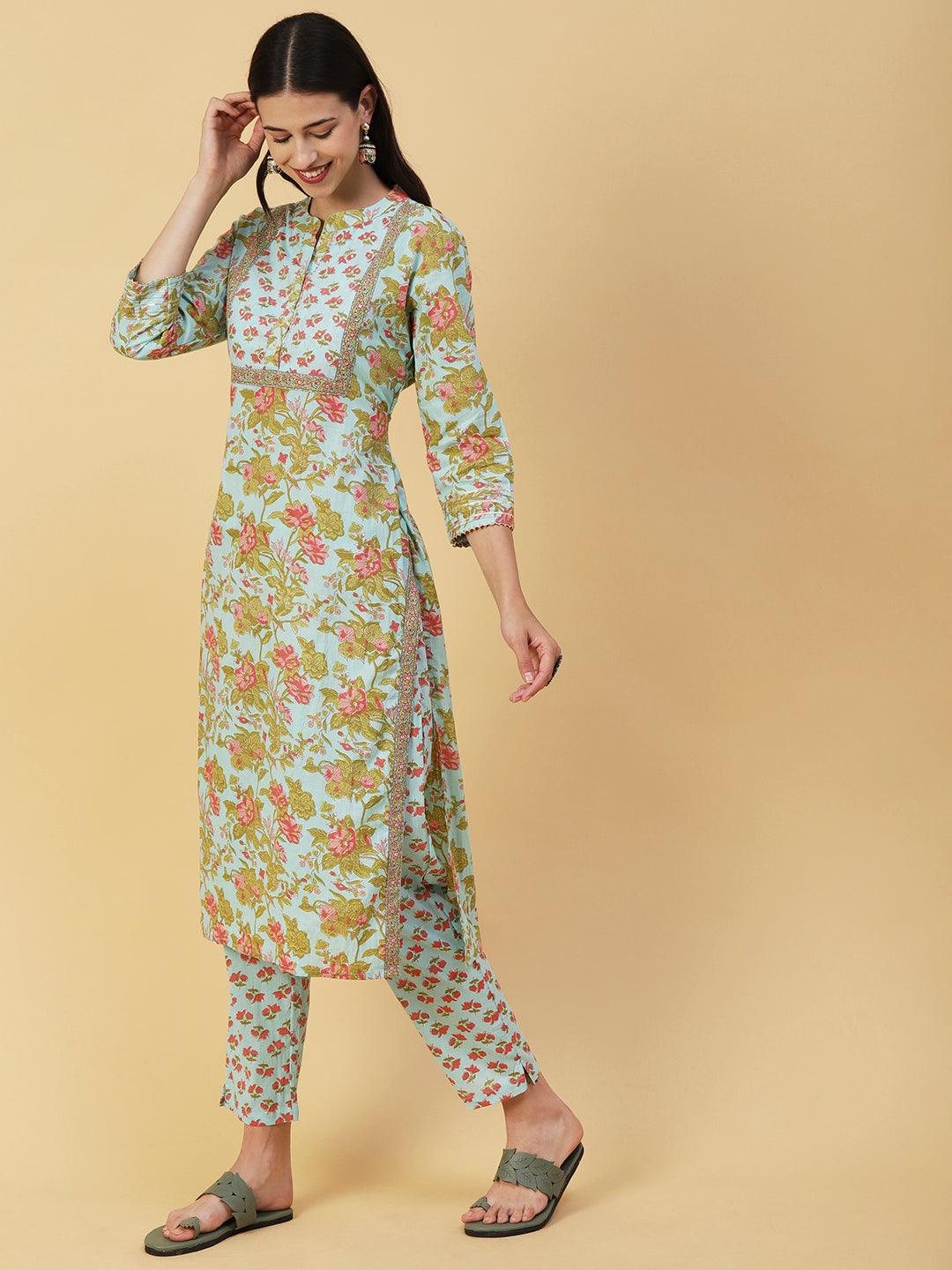 Floral Printed & Embroidered Straight Fit Kurta with Pant - Blue - Indiakreations