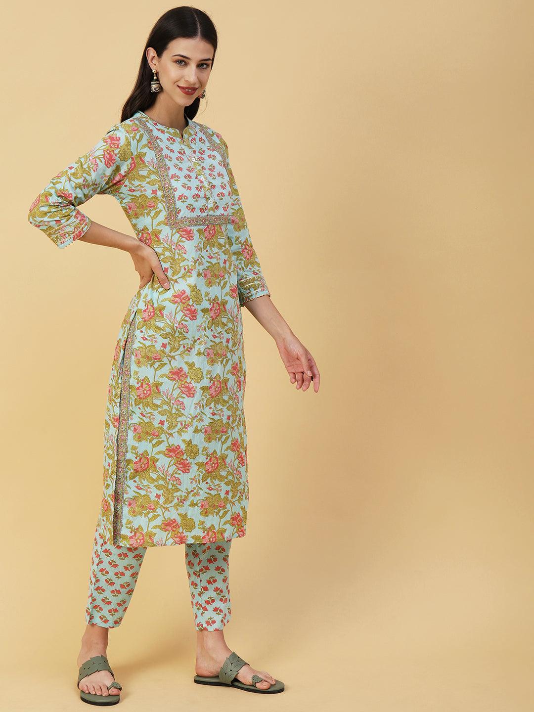 Floral Printed & Embroidered Straight Fit Kurta with Pant - Blue - Indiakreations