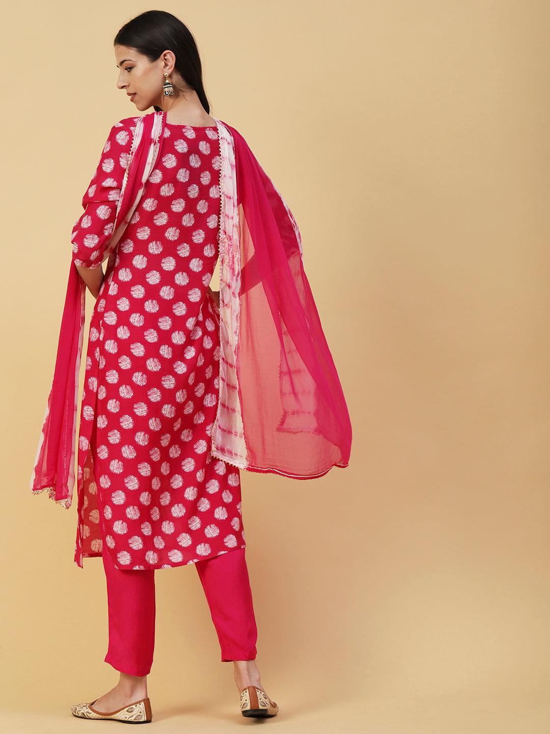 Abstract Printed & Hand Embroidered Straight Kurta with Pant & Dupatta - Magenta - Indiakreations