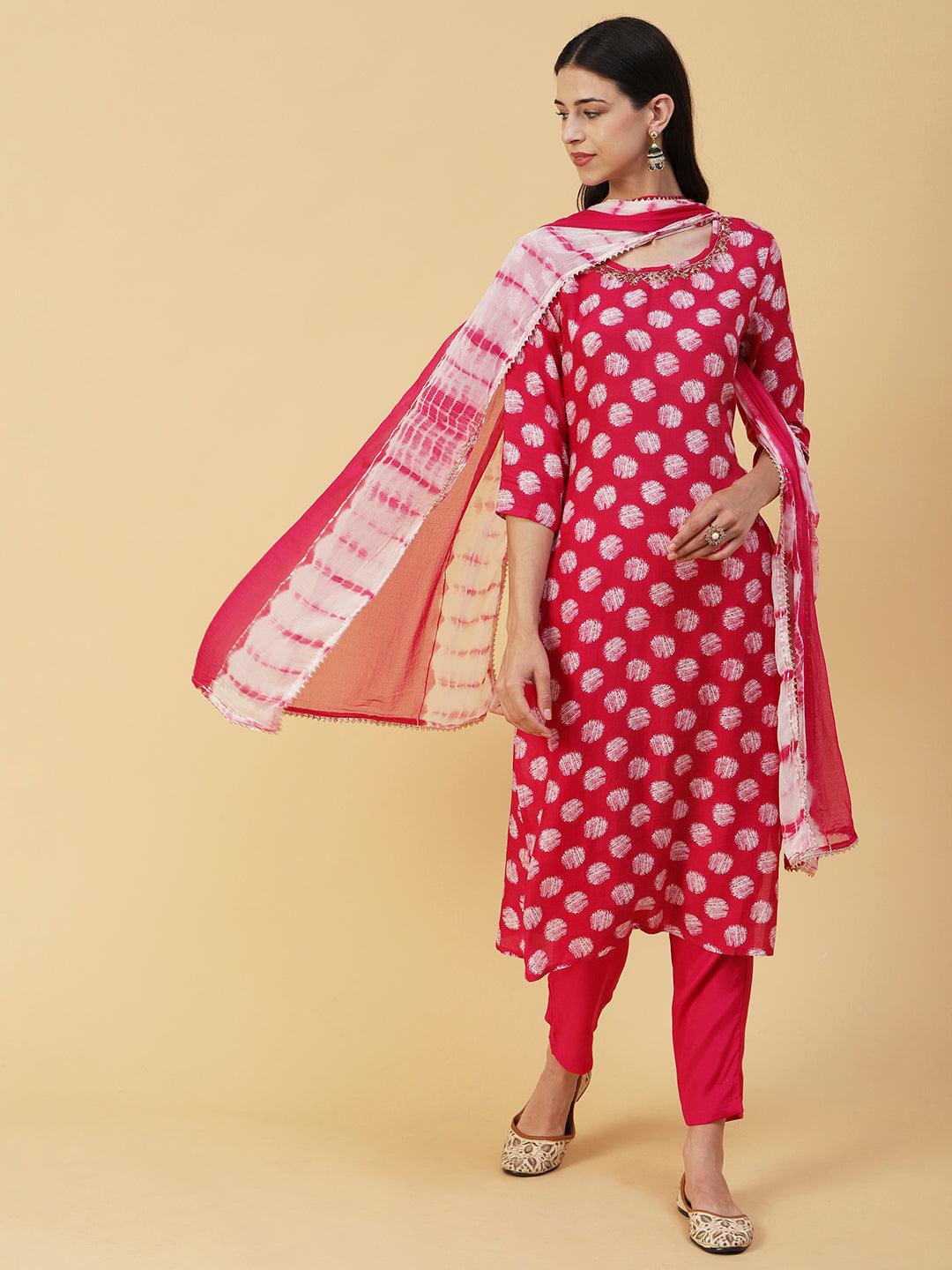 Abstract Printed & Hand Embroidered Straight Kurta with Pant & Dupatta - Magenta - Indiakreations