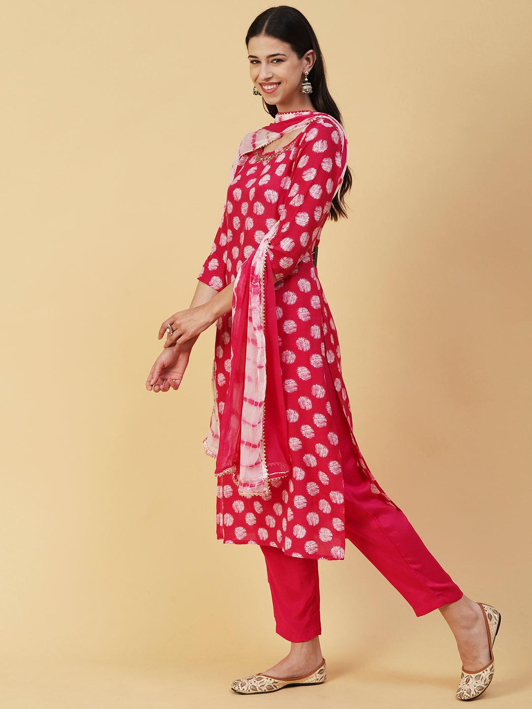 Abstract Printed & Hand Embroidered Straight Kurta with Pant & Dupatta - Magenta - Indiakreations