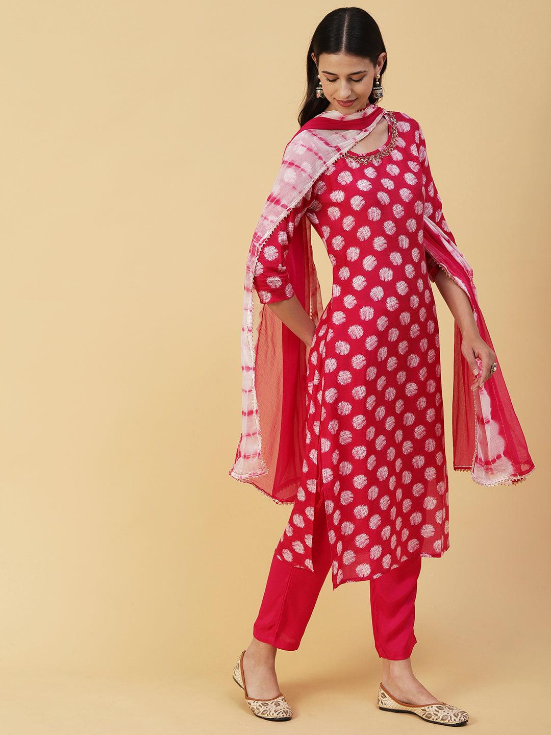 Abstract Printed & Hand Embroidered Straight Kurta with Pant & Dupatta - Magenta - Indiakreations