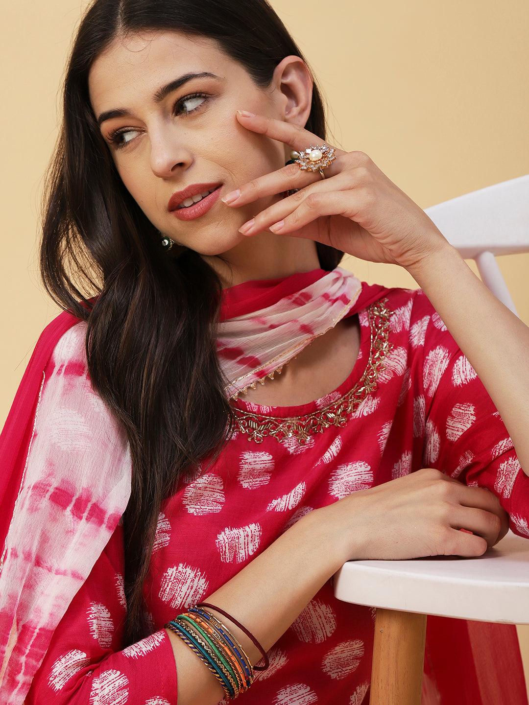 Abstract Printed & Hand Embroidered Straight Kurta with Pant & Dupatta - Magenta - Indiakreations