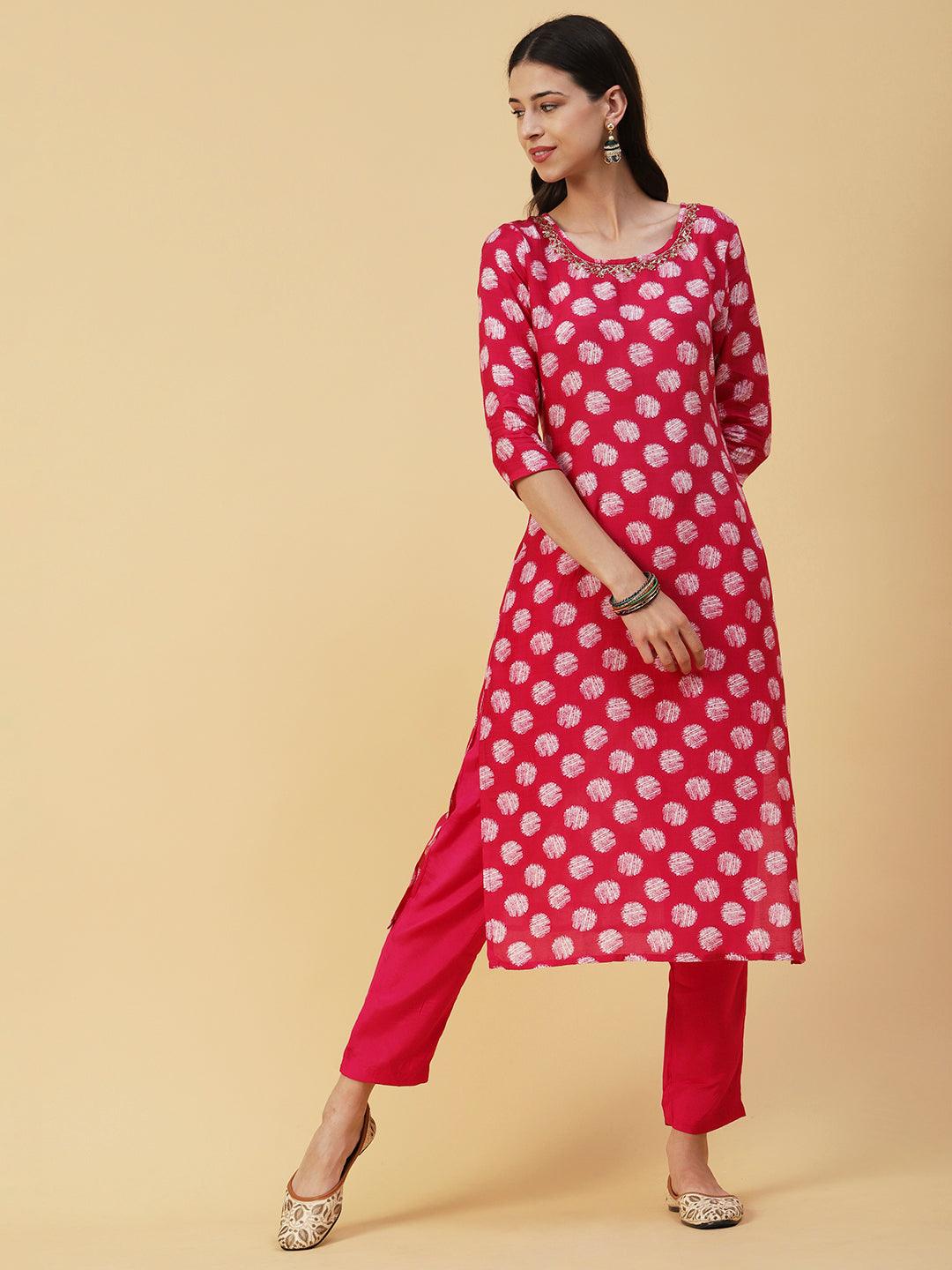 Abstract Printed & Hand Embroidered Straight Kurta with Pant & Dupatta - Magenta - Indiakreations