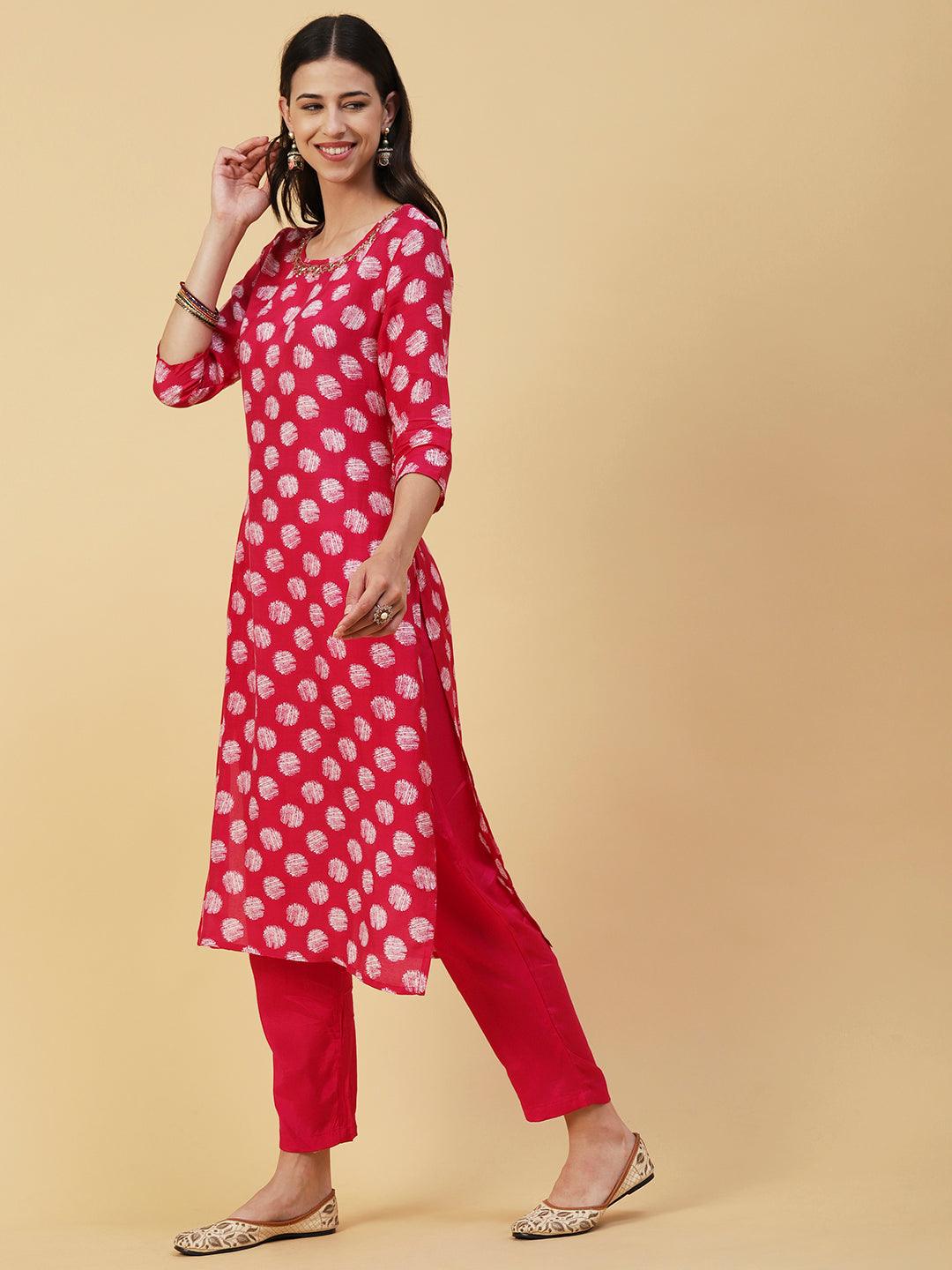 Abstract Printed & Hand Embroidered Straight Kurta with Pant & Dupatta - Magenta - Indiakreations